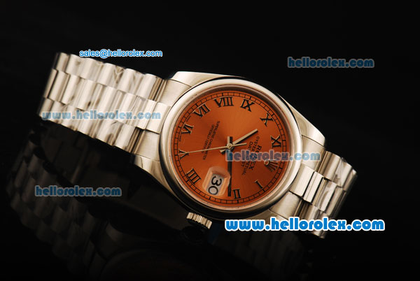 Rolex Datejust Automatic Movement Full Steel with Orange Dial and Roman Numeral Markers - Click Image to Close